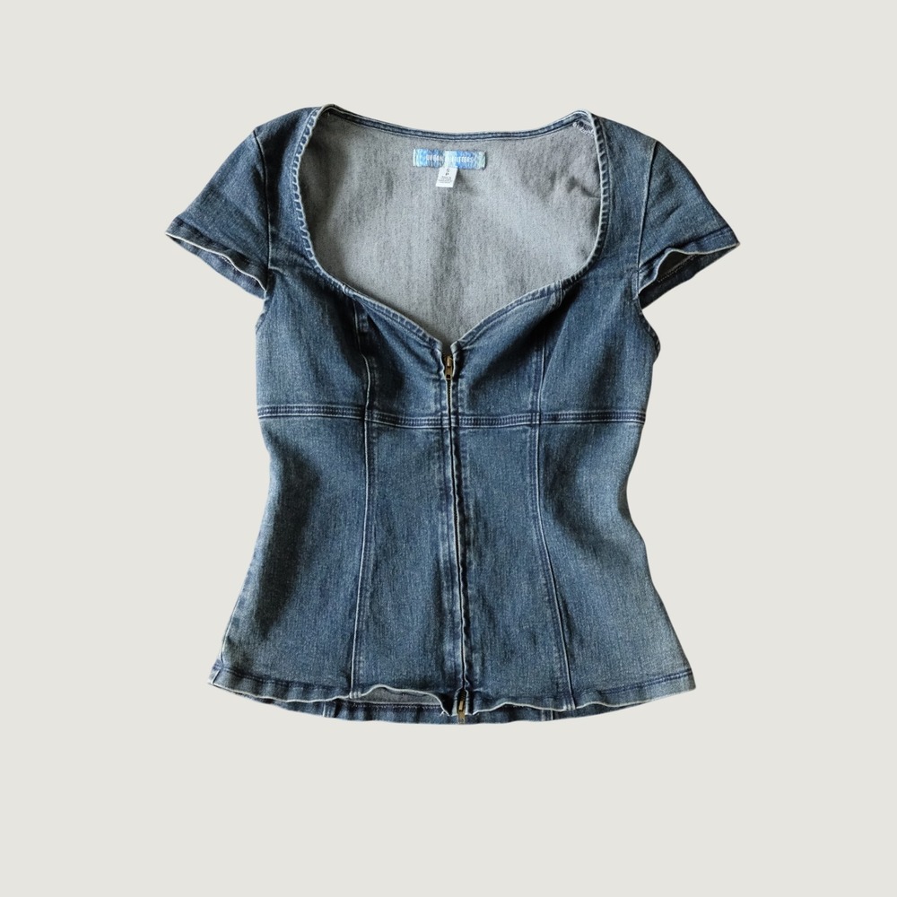 Urban Outfitters Top Blind Date Denim Zip Front Sweetheart Blue Small Y2K Indie